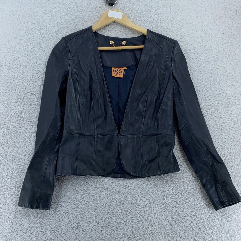 Tory Burch Leather Blazer Jacket Womens 2 CROP FIT Blue Fitted‎ Lined Minimalist